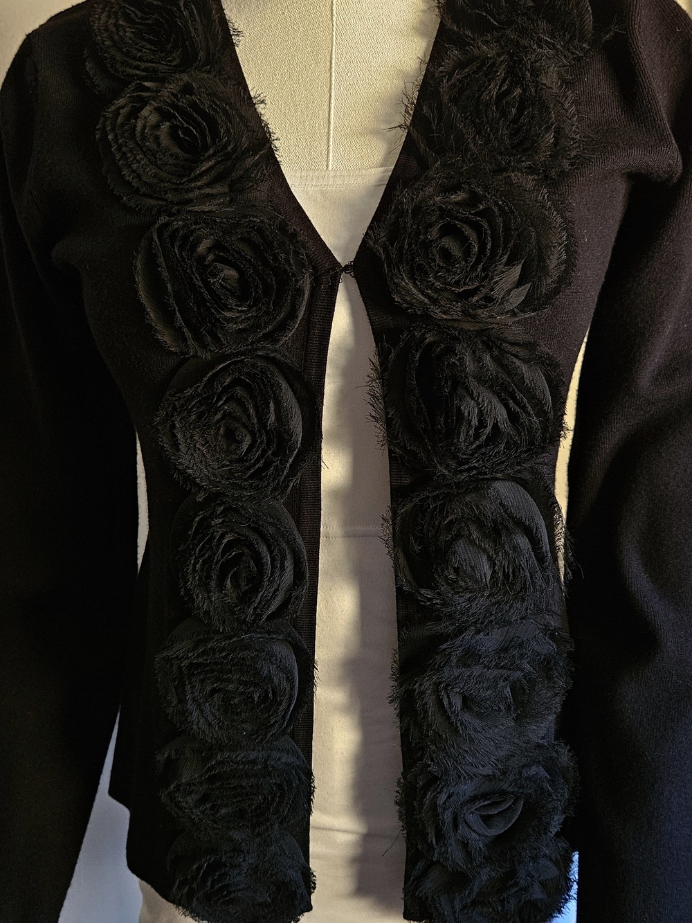 "Red" Brand Black Chiffon Rose Embellished Cardigan Sweater. Size S